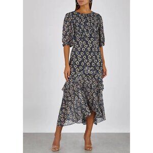 RIXO Cheryl Silk‎ Floral Luxury Midi Dress Blue Prairie Cottage Boho Size Small